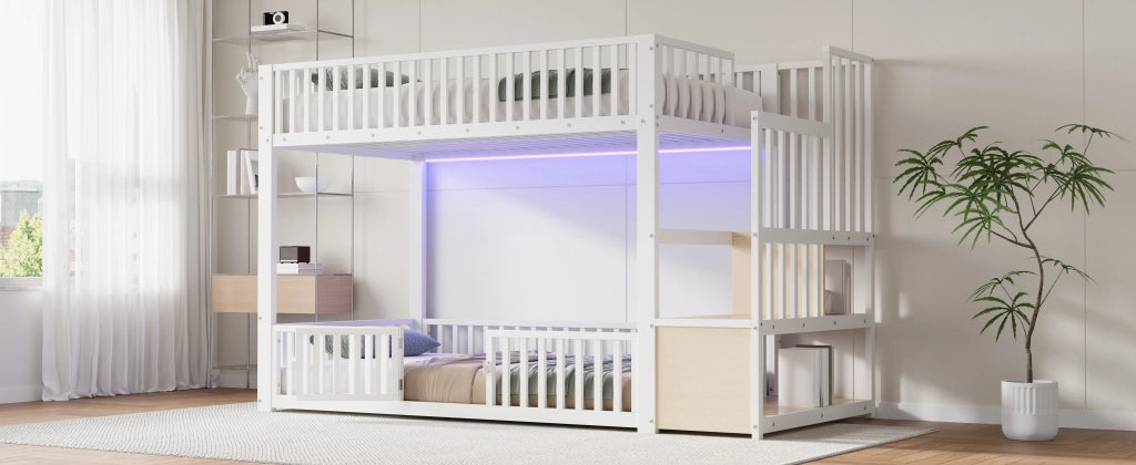 Letto a Castello 90x200 in Metallo Bianco con Scala Contenitore e LED Integrati