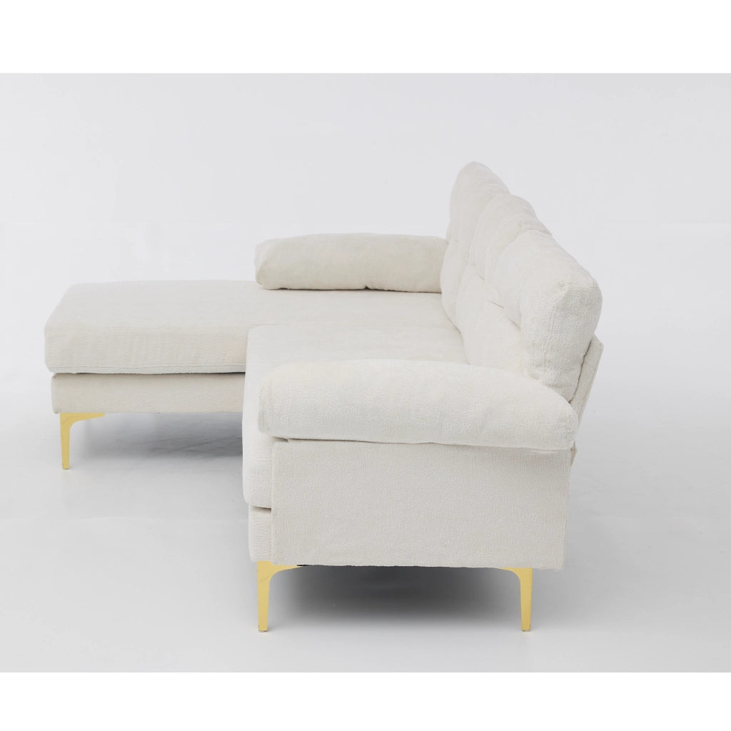 Divano angolare reversibile 3 posti con chaise longue intercambiabile e braccioli imbottiti in ciniglia beige