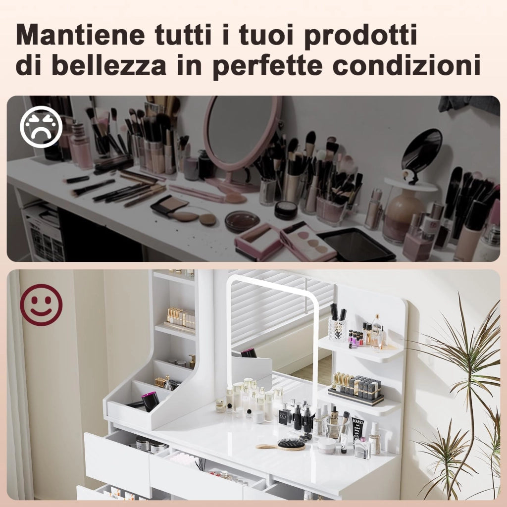 Toeletta da Trucco con 7 Cassetti, Postazione Trucco con Specchio a LED, Luminosità Regolabile,Tavolo da Toeletta con 4 Ripiani Aperti,per la Camera da Letto, Bianco