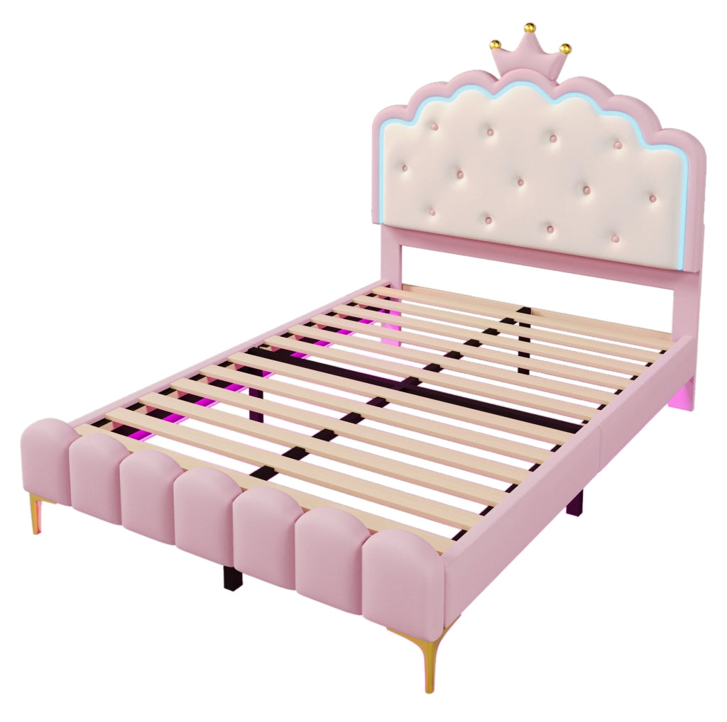 Letto principessa 140x200 cm con luci LED controllabili da app; PU; rosa (Senza materasso)