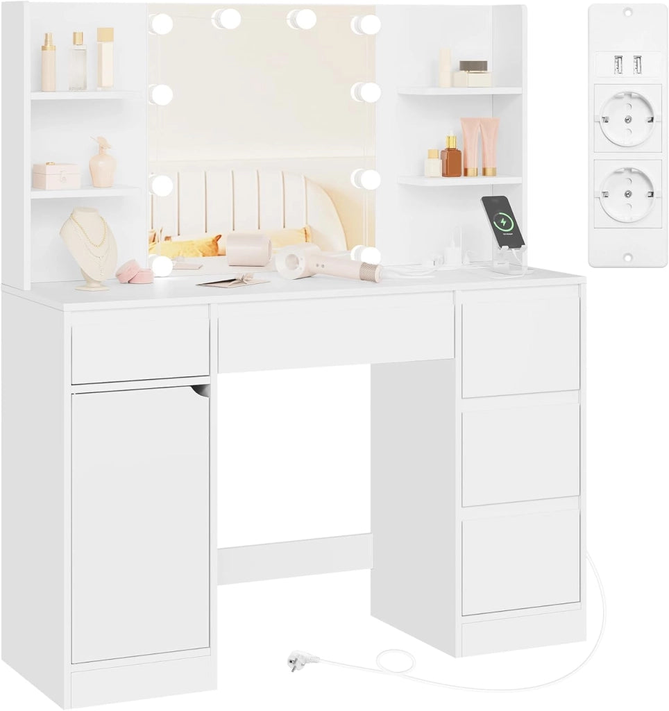 WOLTU Toeletta Trucco con Luci LED Regolabili, Tavolo da Trucco Moderno Bianco con Sgabello, Specchio Illuminato, 5 Cassetti e Ripiani, Postazione Make-Up per Camera da Letto