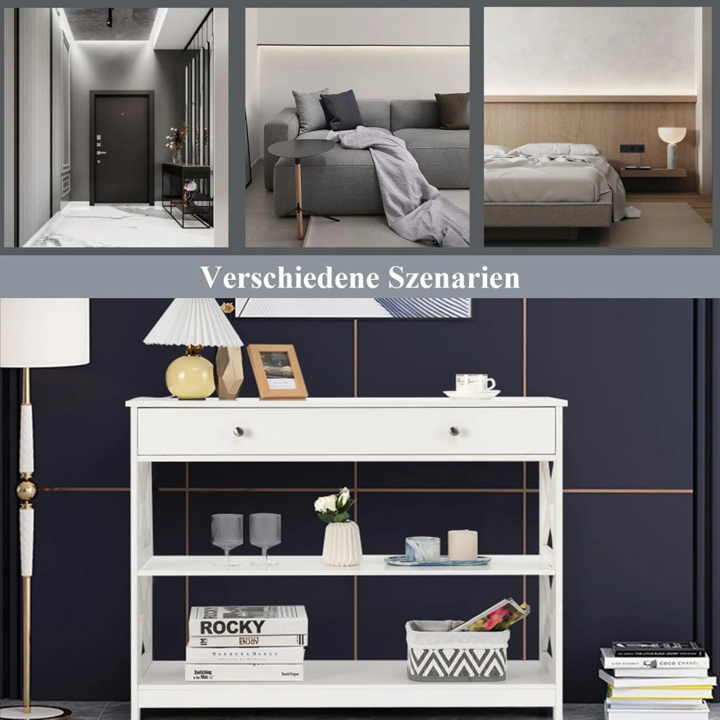 Ingresso per ingresso, console da ingresso stretta a 3 livelli con ampio cassetto per chiavi, orologi e gioielli, mobile ingresso per soggiorno e camera da letto, 100 x 30 x 80 cm (bianco)