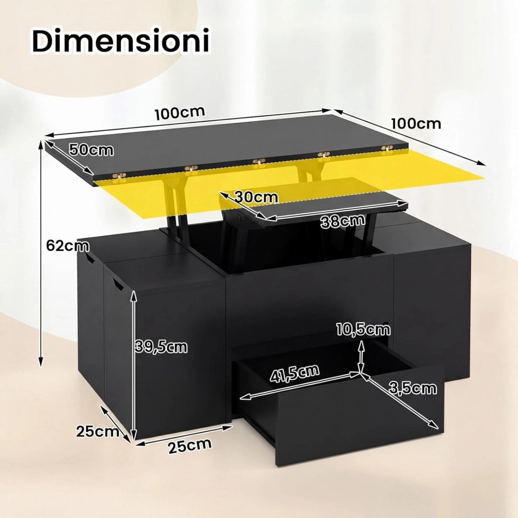 Tavolino con Piano Sollevabile e Pieghevole, Tavolino da Salotto 3 in 1 con 4 Sgabelli Contenitori, Scomparto Nascosto e Cassetto, Tavolo Rettangolare per 4-8 Persone (Nero)