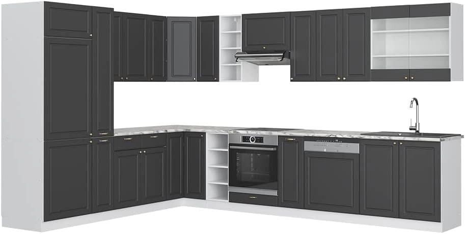 Cucina angolare completa Fame-Line, Bordeaux lucido/antracite, 347 x 60 cm, PT Antracite, per una progettazione flessibile della cucina e un'espansione modulare