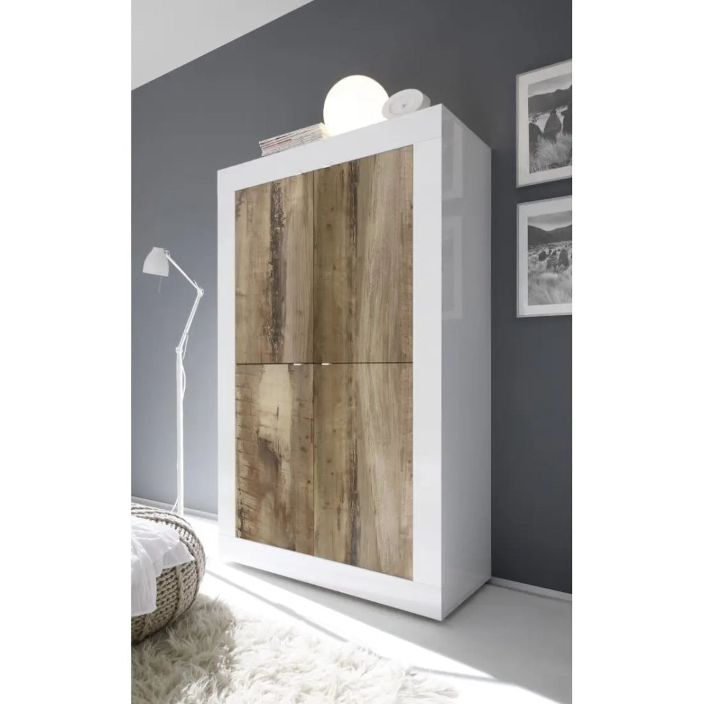 Buffet alto 4 porte, collezione ISORA, colori bianco lucido laccato e rovere chiaro