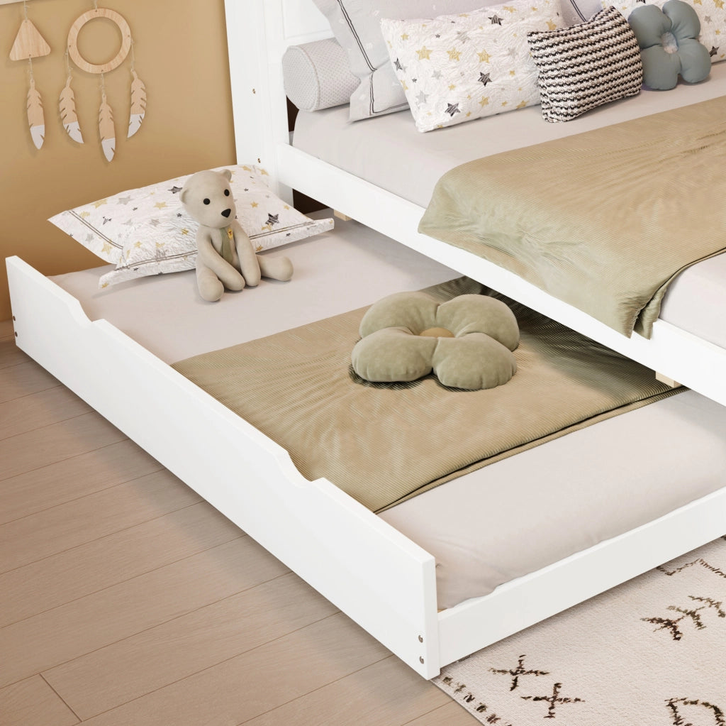 Letto multifunzione bianco con letto estraibile, LED e presa integrata