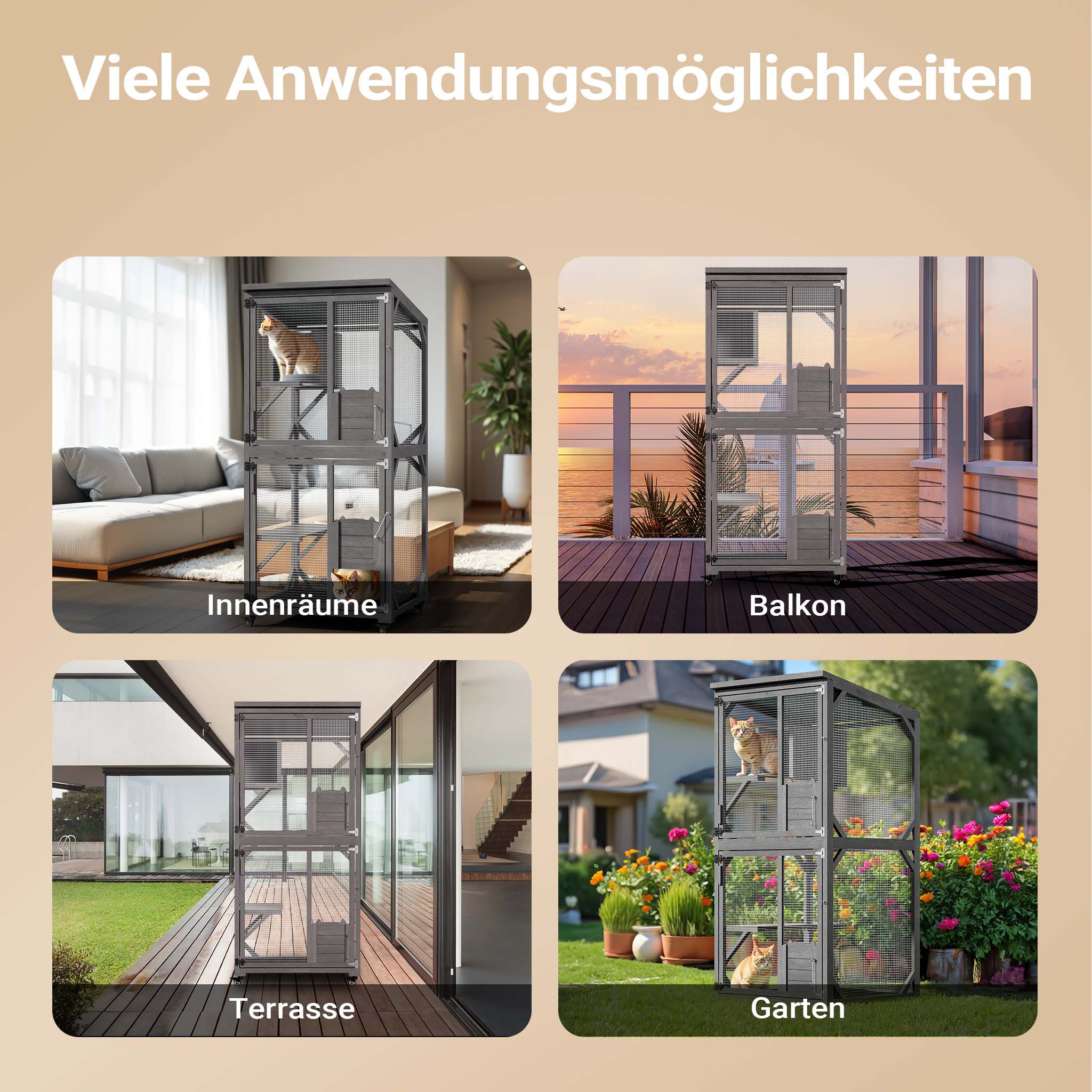 Recinto per gatti da esterno 74 x 78 x 180 cm, legno di abete, più livelli, 2 porte, con rotelle, recinto per gatti per giardino, balcone, rifugi