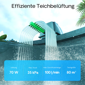 CAP-100 Aeratore acquario 70 W, ossigenatore per laghetti da giardino da 80 m³ e acquari, pompa d'aria 100 l/min con 4 uscite, sistema di aerazione con pietra d'aria e valvola di non ritorno