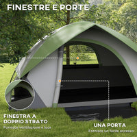 Tenda da Campeggio 2 Posti con Finestra a Rete 210x110x150 cm in Poliestere e Fibra di Vetro Grigio e Verde