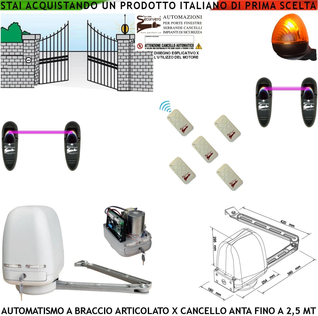 KIT MOTORE A BRACCIO ARTICOLATO 220/24 V CANCELLO AUTOMATICO ANTA BATTENTE DA 0,5 A 2,5 MT CENTRALE 5 RADIOCOMANDI 2 FOTOCELLULE FARO