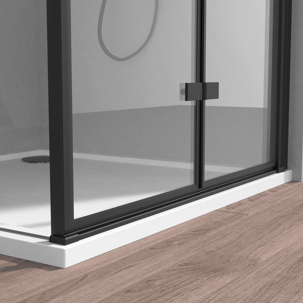 Box doccia angolare a soffietto 70x70 in vetro temperato trasparente con profili nero opaco Neos