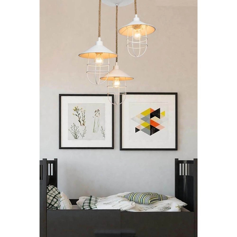 Lampada a sospensione 3 luci metallo bianco e corda Bulut ASZ0632