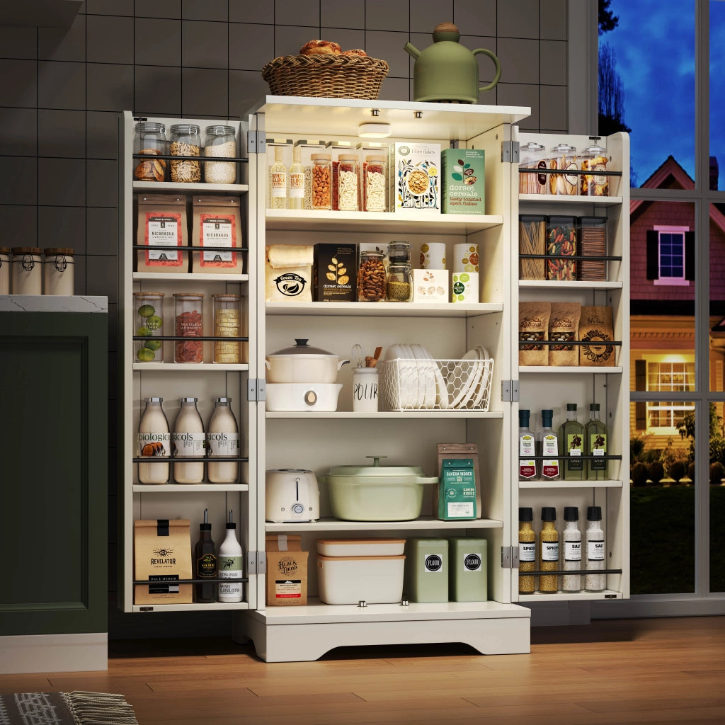 Mobile da Cucina 60x40x120 cm con LED Sensore; Doppia Anta; Ripiani Regolabili e Vani sulle Porte