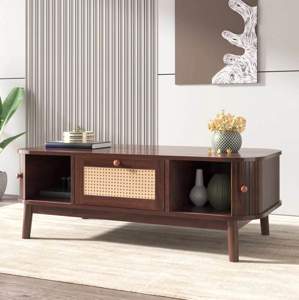 Tavolino da caffè in rattan con ante scorrevoli, 110 cm