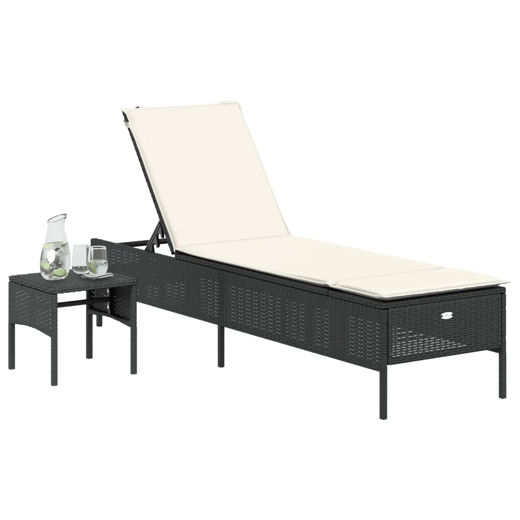 Lettino Prendisole | Sdraio da giardino | Lettino da sole con Tavolo e Cuscino Nero in Polyrattan