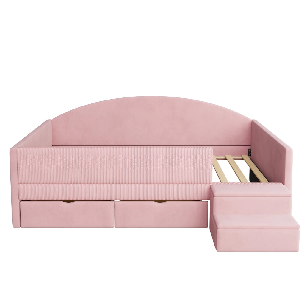 Letto imbottito 90 x 190 cm in velluto rosa con 2 cassetti; sponde e gradini