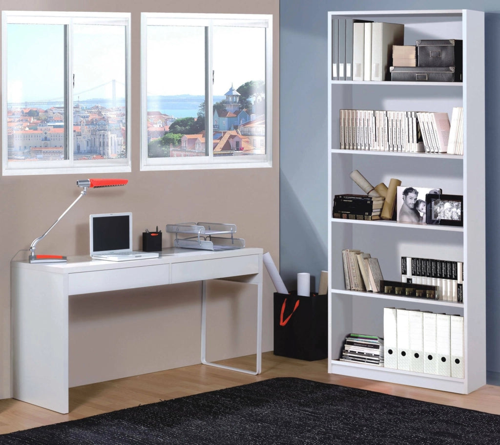 Scrivania Cerere, Scrittoio reversibile da ufficio, Tavolo da studio porta PC con 2 cassetti, cm 138x50h75, Bianco opaco