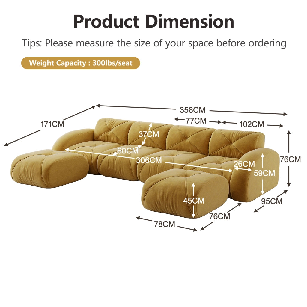 Divano modulare a U senza telaio - Zephmum- 4 posti con 2 pouf, tessuto comodo, antiscivolo, giallo