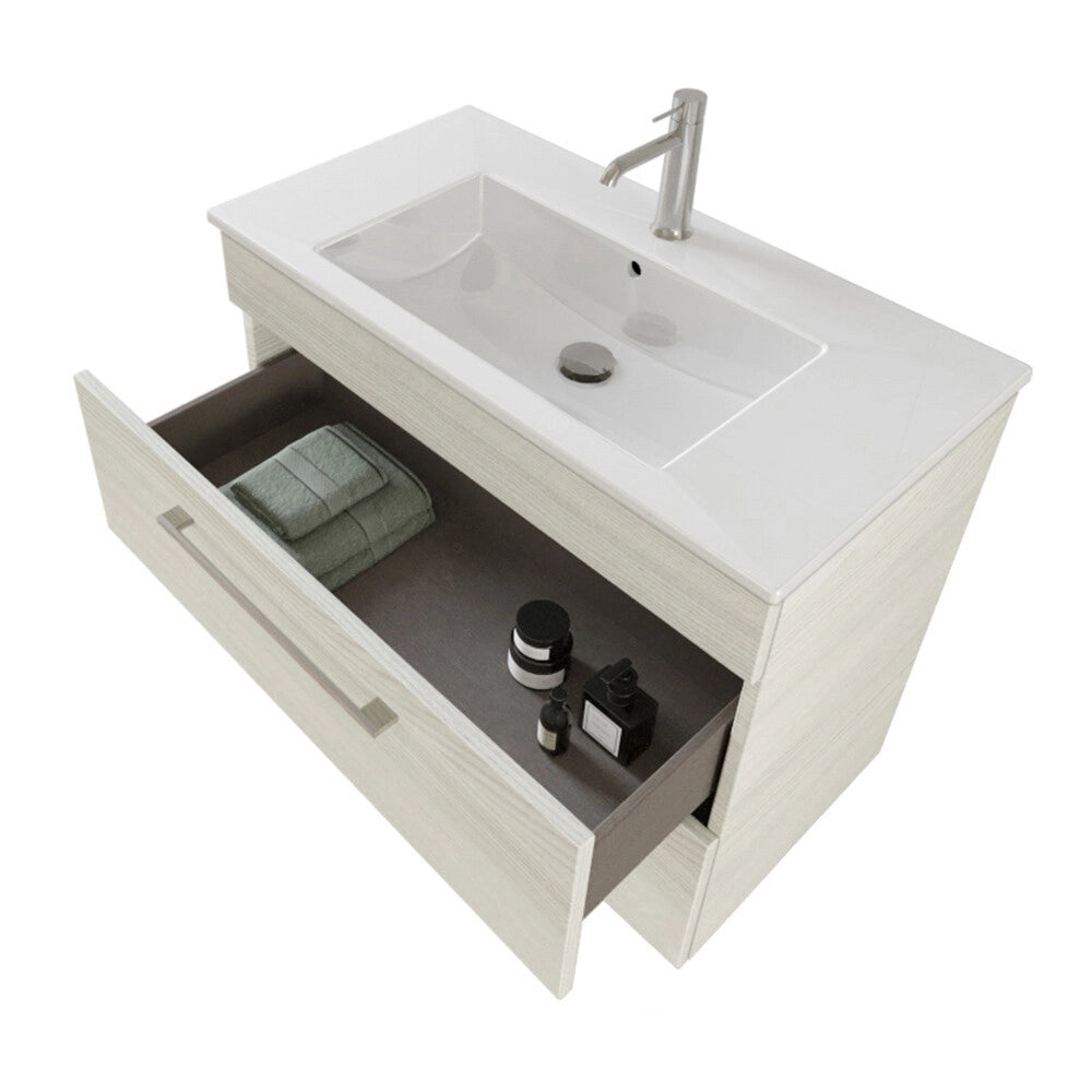 Mobile bagno sospeso 80 cm bianco legno con specchio contenitore Smart