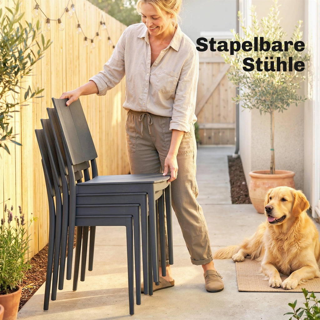 Set Giardino 5 Pezzi ¨C Tavolo Largo con 4 Sedie Impilabili ¨C zephmum ¨C Grigio Scuro
