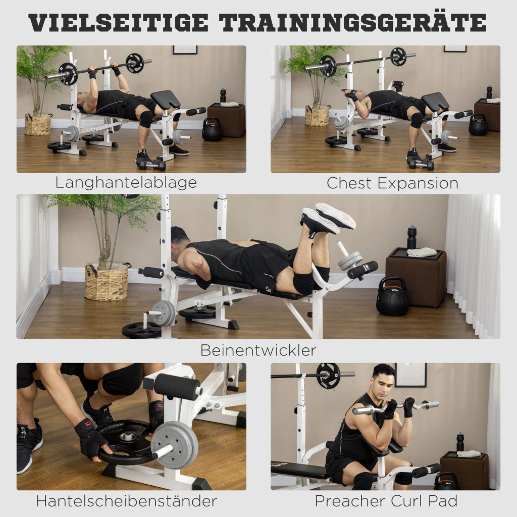 Panca pesi con pressa per gambe, supporto per bilanciere e braccioli per un allenamento efficace con i pesi, bianco e nero