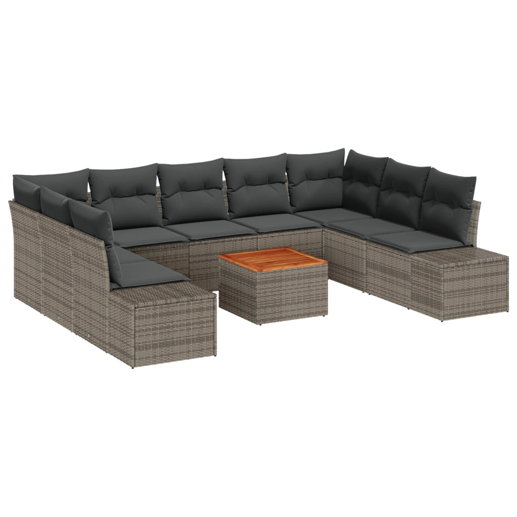 Set di divano da giardino con cuscini grigi in polirattan e acacia