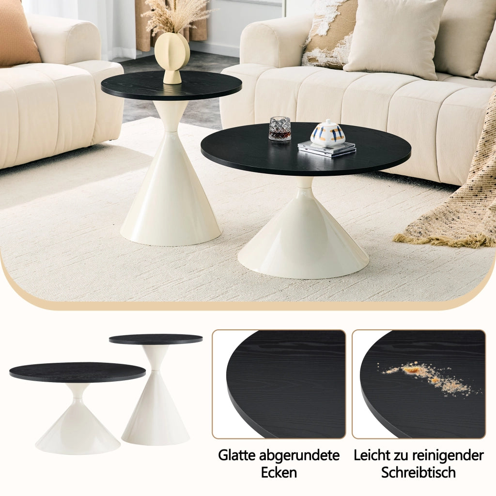 Tavolino basso set di 2 con piano in melaminico effetto legno nero e base in acciaio, per soggiorno, nero