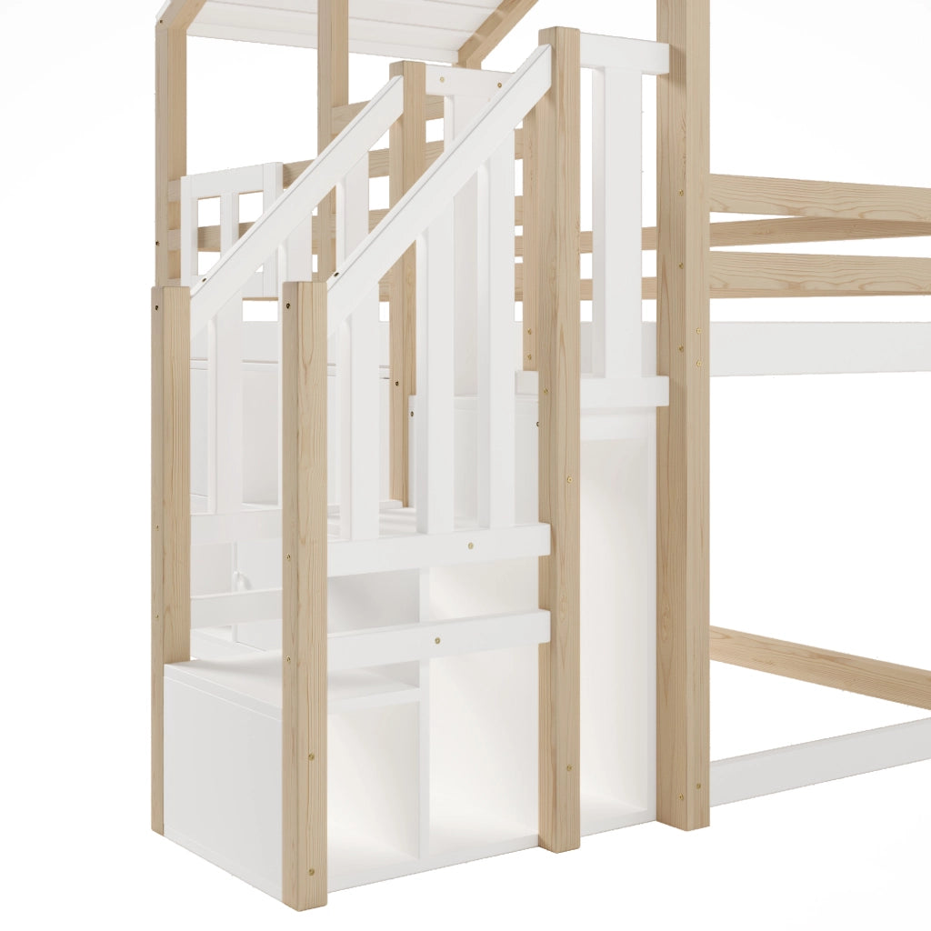 OKWISH Letto a soppalco 90×200 cm, Letto Singolo con Scomparti Contenitore, Scala Contenitore e Finestra, senza Materasso, Bianco