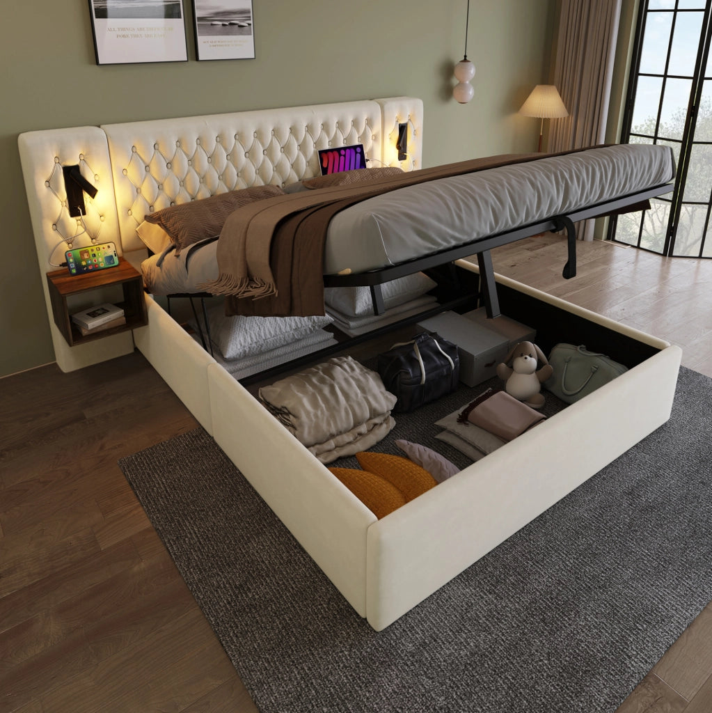 Letto matrimoniale 180x200 cm in velluto beige con contenitore idraulico; 2 comodini e luci lettura