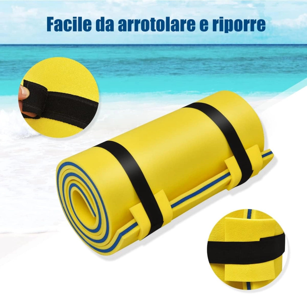 Tappeto Galleggiante per Mare e Piscina Arrotolabile, Materassino Galleggiante in Schiuma con Poggiatesta e Corda, Galleggiante Piscina Resistente
