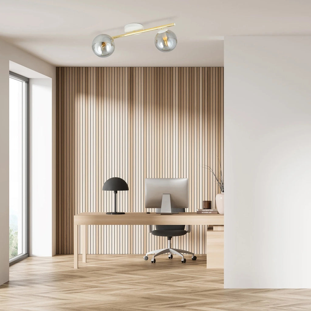 Plafoniera Contemporanea 2 Luci Eracle In Acciaio Oro/Bianco E Sfere Vetro Fumè