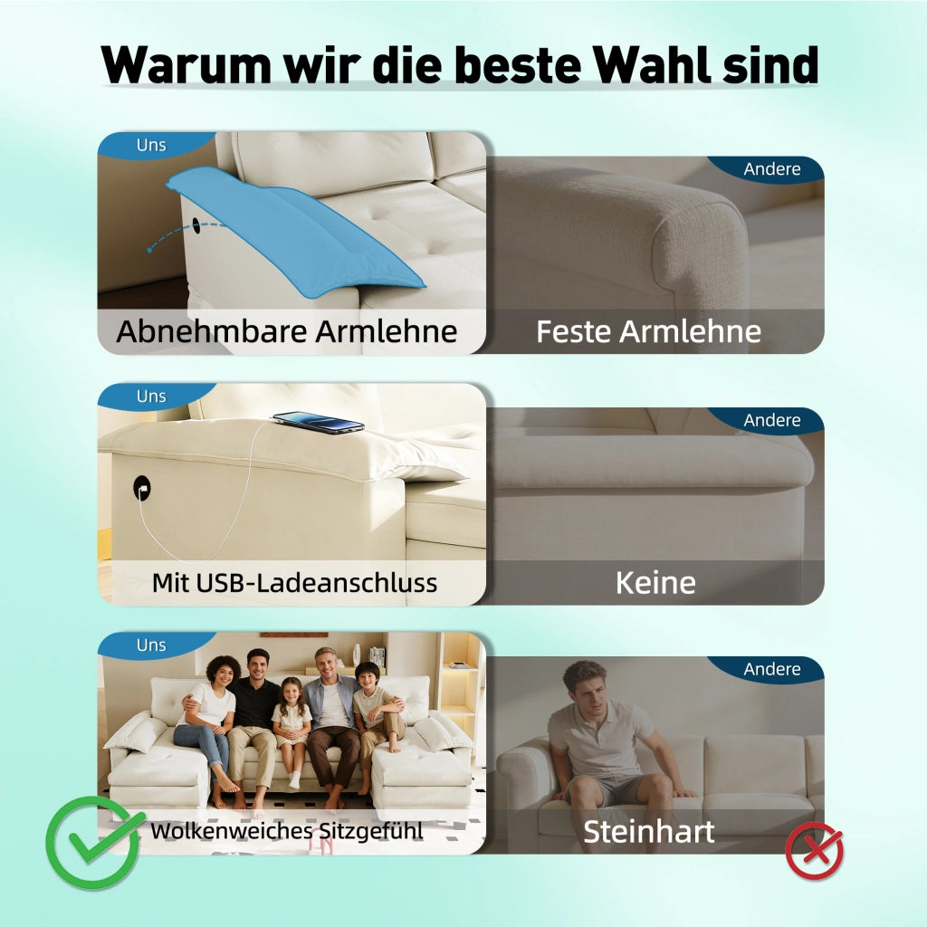 Divano panoramico a U modulare con letto estraibile, USB e cuscini removibili in ciniglia beige, 278 × 127 × 87 cm