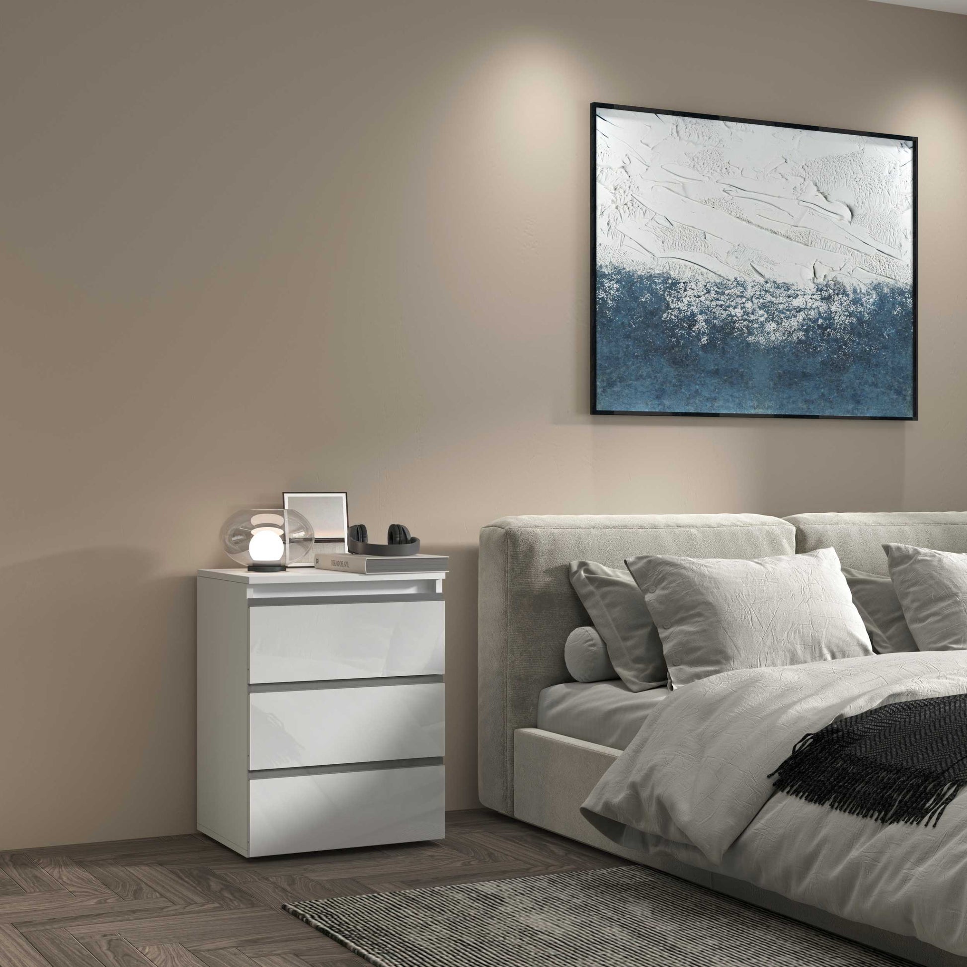 Comodino MAGIC con Luce LED Bianca 50x40x65 cm - Comodino Moderno con 3 Cassetti e Manici in Alluminio - Comodino in Legno Riciclato Bianco Lucido