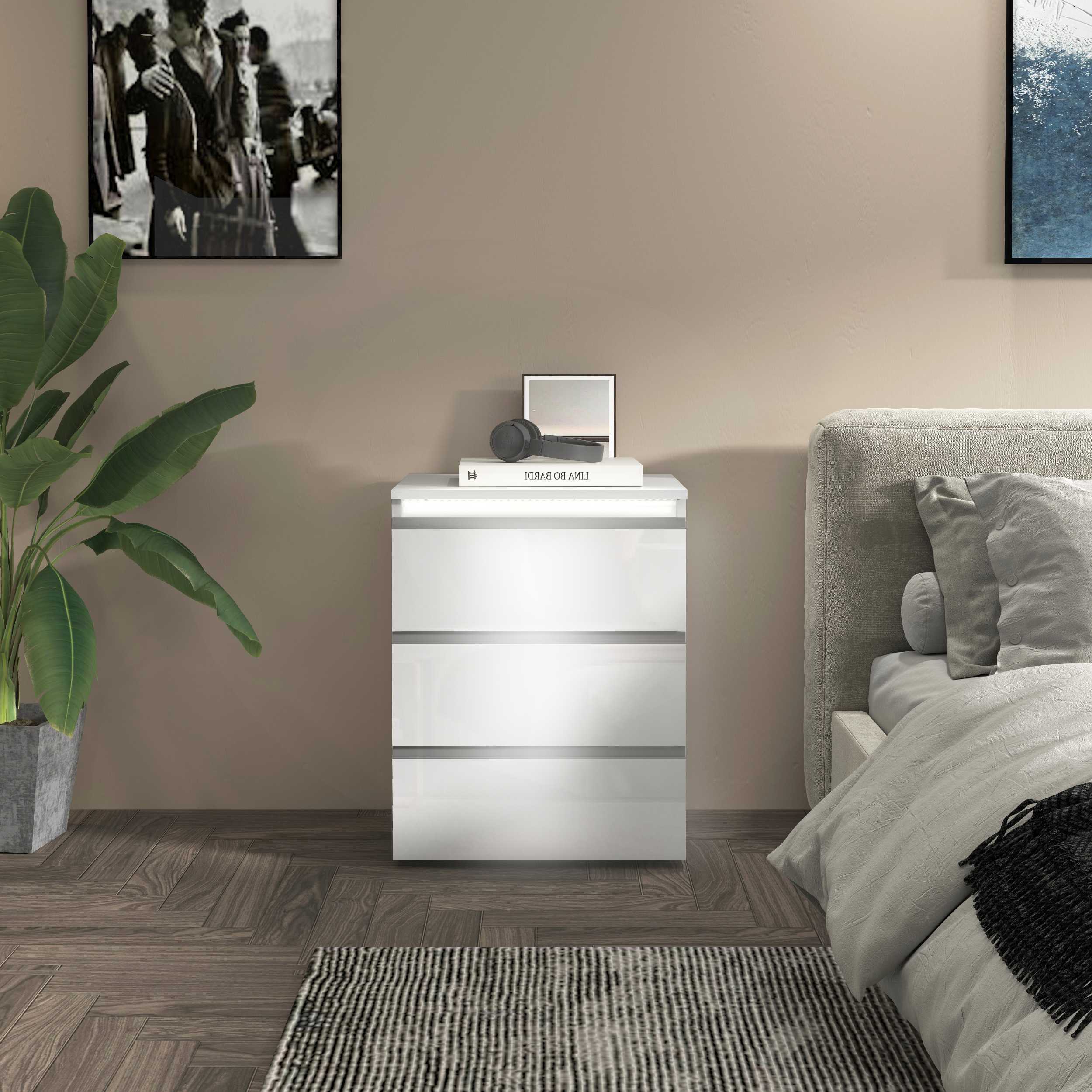 Comodino MAGIC con Luce LED Bianca 50x40x65 cm - Comodino Moderno con 3 Cassetti e Manici in Alluminio - Comodino in Legno Riciclato Bianco Lucido