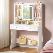 Toeletta Trucco con Specchio e Luce, Illuminazione Regolabile in 3 Colori, Postazione Trucco con 2 Cassetti, 8 Scomparti Aperti e Armadietto, per Camera da Letto, Cabina Armadio, Bianco