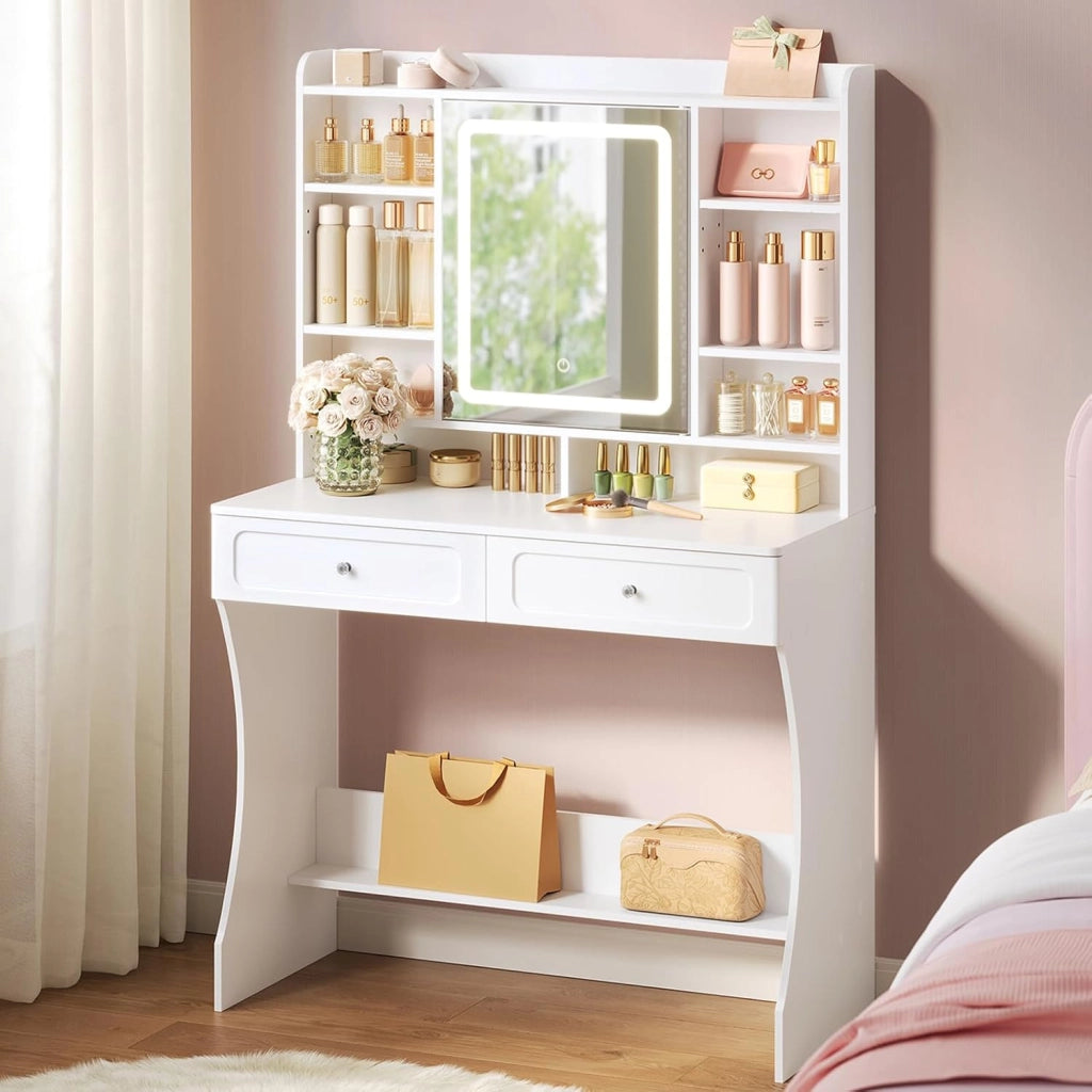 Toeletta Trucco con Specchio e Luce, Illuminazione Regolabile in 3 Colori, Postazione Trucco con 2 Cassetti, 8 Scomparti Aperti e Armadietto, per Camera da Letto, Cabina Armadio, Bianco