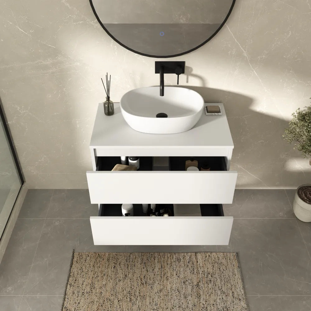 Mobile bagno sospeso 60cm due cassetti bianco opaco con top | Hexa