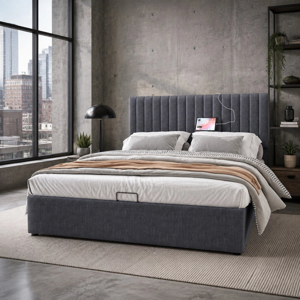 LETTO CONTENITORE 140x200 cm Grigio in Lino con testiera LED e porte USB