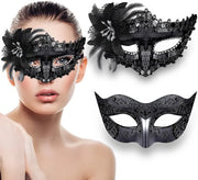 Maschera Veneta 2 pezzi - Nero - Mascherata - Carnevale - Costume - Maschera da Festa - Adattabile con Nastro di Seta - Maschera da Festa