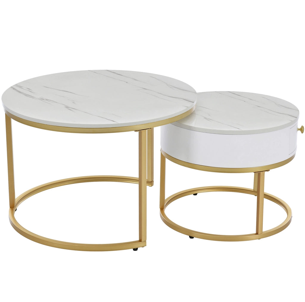 Set 2 tavolini da salotto rotondi impilabili 70/50 cm in MDF bianco lucido effetto marmo