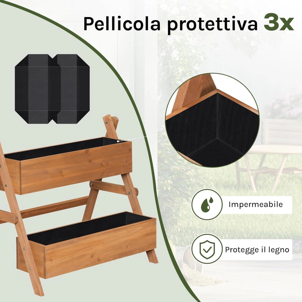 Fioriera Rialzata con Scaffale a Gradini 2 Livelli, Vasi Integrati per Piante, Ideale per Interni/Esterni su Terrazzo, Balcone e Giardino, Legno 80x62x68 cm, Marrone