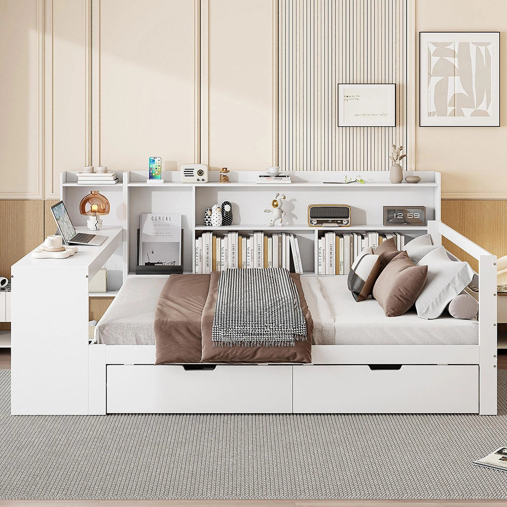 Divano letto-Xylo-140x200 cm-libreria, 2 contenitori, prese, legno bianco