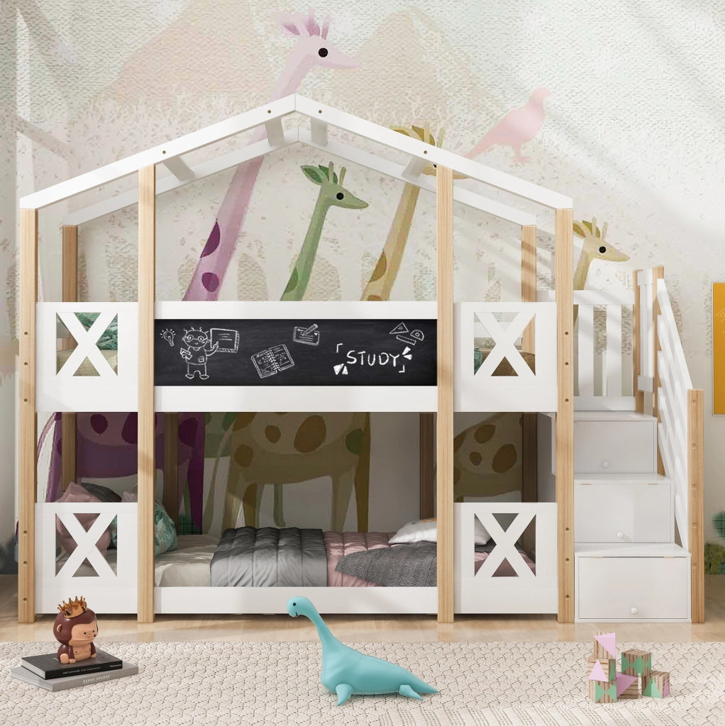 Letto a soppalco per bambini 90x200 cm in legno bianco e naturale con scala contenitore