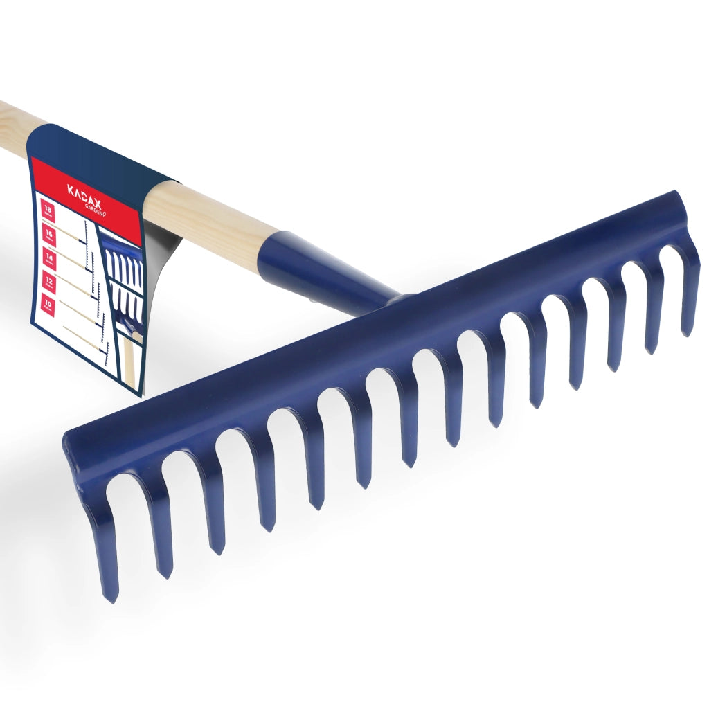 Rastrello da giardino KADAX con manico in legno, lunghezza 150 cm, denti in acciaio temprato, 14 denti.