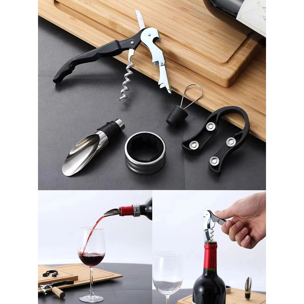 Trade Shop - Set Vino 5in1 Cavatappi Apribottiglie Multifunzione Anello Antigoccia Tappo Versatore -