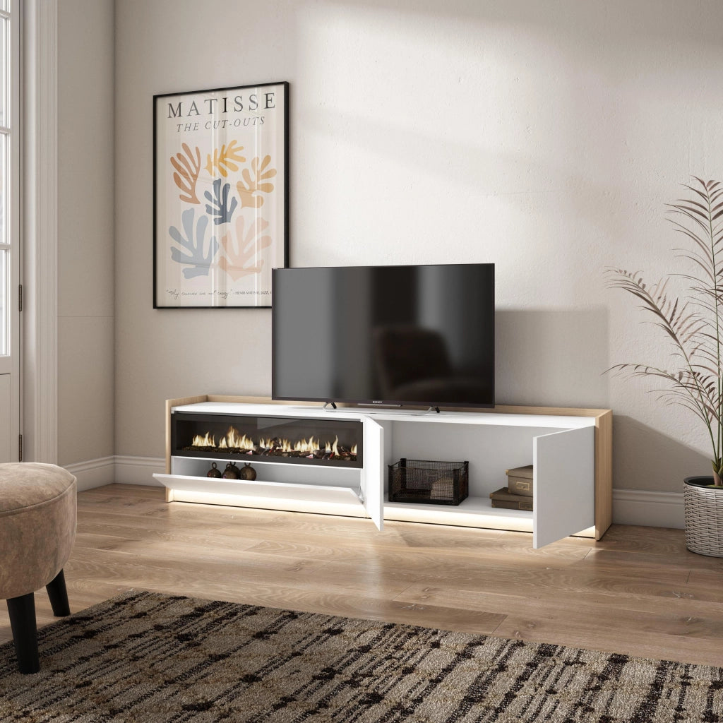 Mobile TV Soggiorno, 207x50x37 cm, Per TV fino a 80", Camino elettrico, LED, Bianco e Rovere soft
