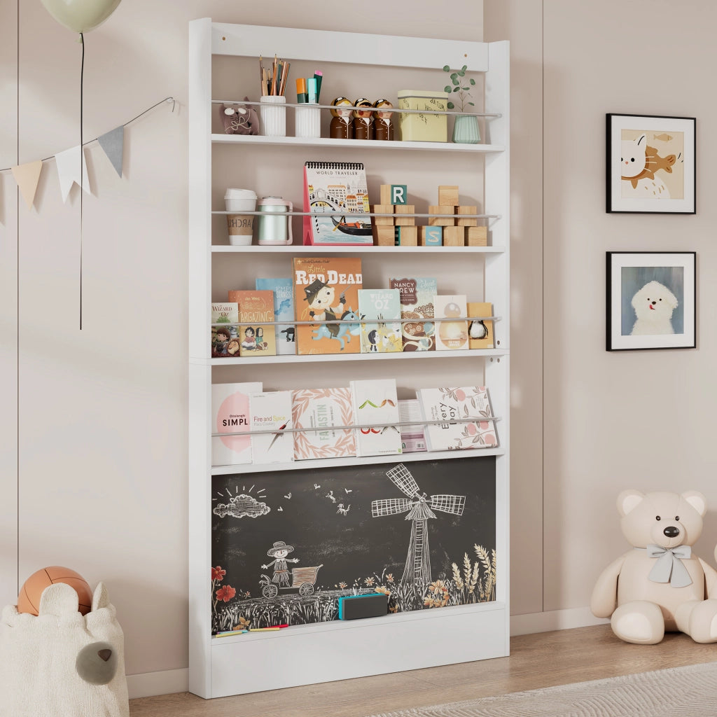 Libreria slim 100x10x180 cm con lavagna nera, 4 ripiani aperti, salvaspazio con fissaggio a parete, bianco