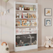 Libreria slim 100x10x180 cm con lavagna nera, 4 ripiani aperti, salvaspazio con fissaggio a parete, bianco