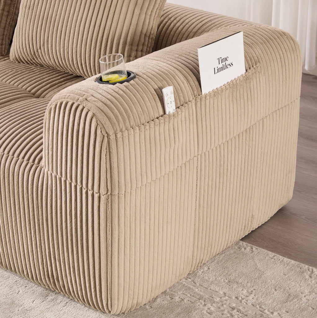 Divano modulare 253x158x61 cm con sistema combinabile DIY; tasche laterali e portabicchieri in corduroy khaki