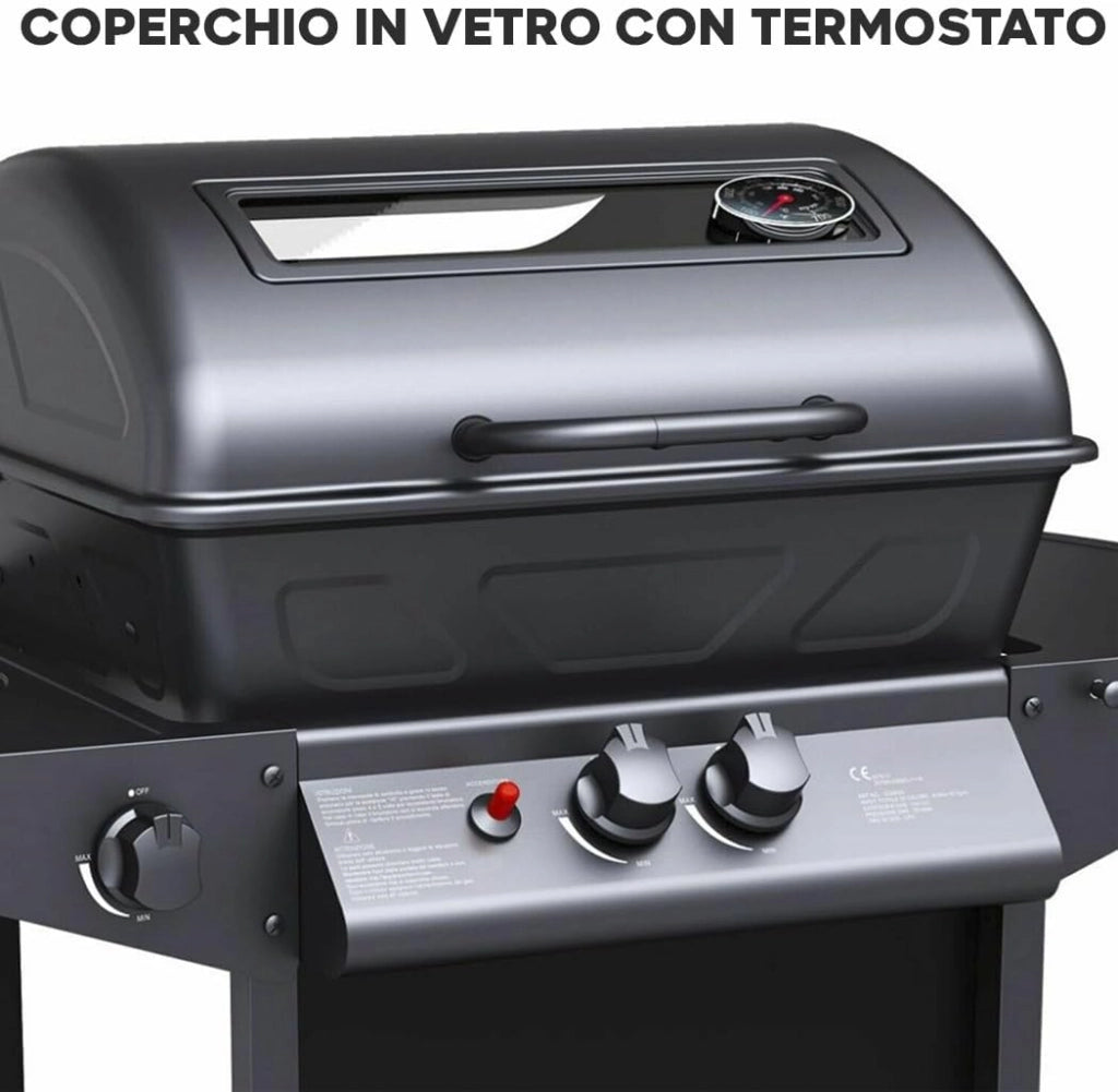 Barbecue a Gas Pietra Lavica 2 Fuochi + Fornello Piano Laterali Griglia Acciaio